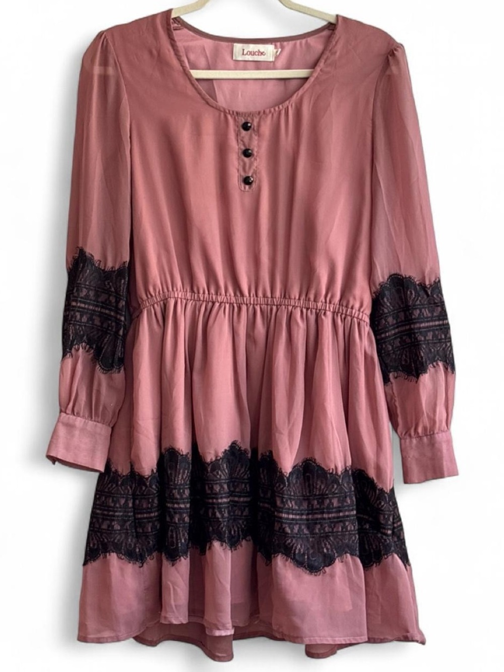 Louche Pink & Black Lace Babydoll Style Long Sleeve Short Dress Size M